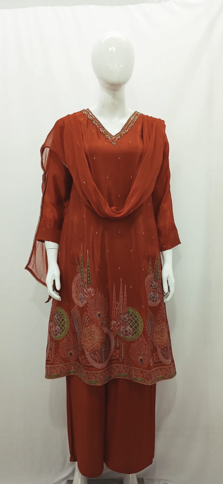 Rust-Copper Silk Salwar Kameez Suit Set with Dupatta