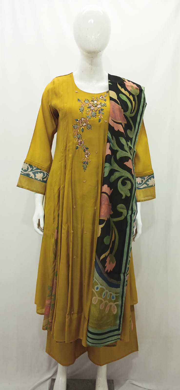 Mustard Yellow Floral Embroidered Anarkali Set with Contrast Dupatta