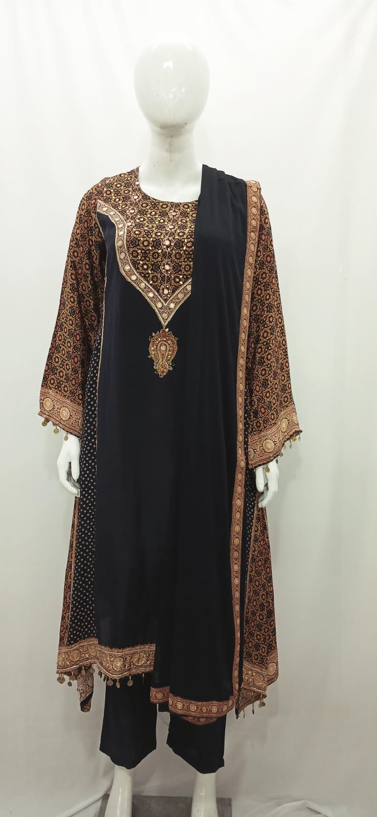 Regal Jet Black & Ajrakh Print Anarkali Suit Set with Dupatta