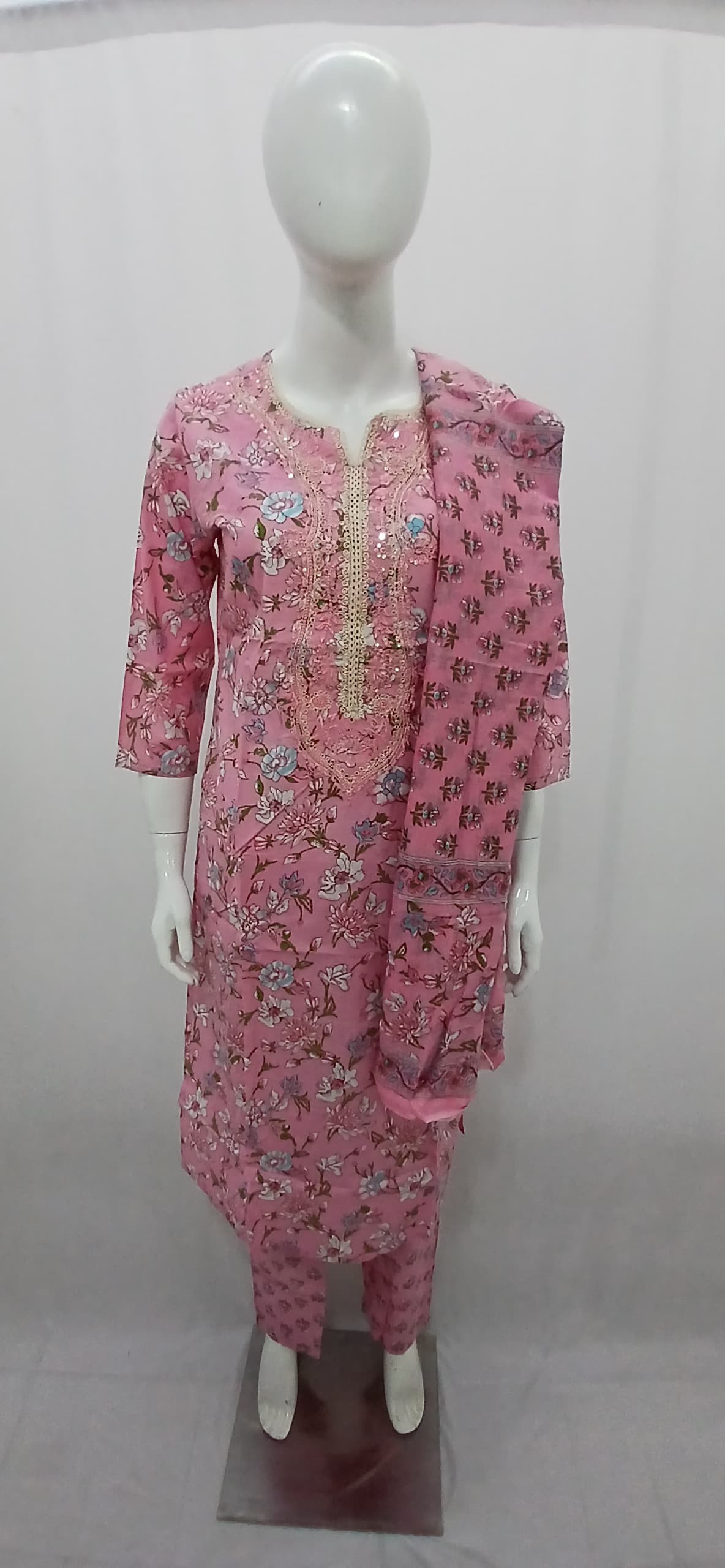 Rose Pink Floral Printed Cotton 3-Piece Suit Set