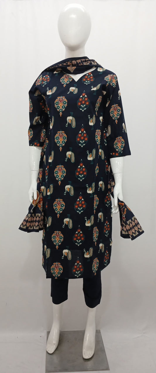 Deep Navy Blue Peacock & Motif Printed Cotton Kurta Set with Bordered Dupatta