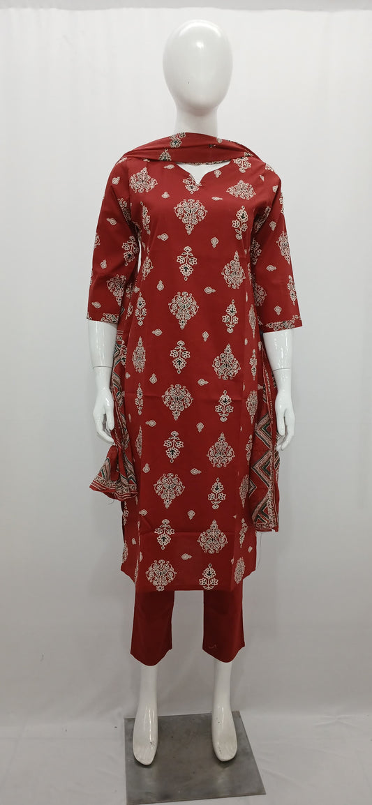 Deep Maroon Ethnic Motif 3-Piece Cotton Kurti Set