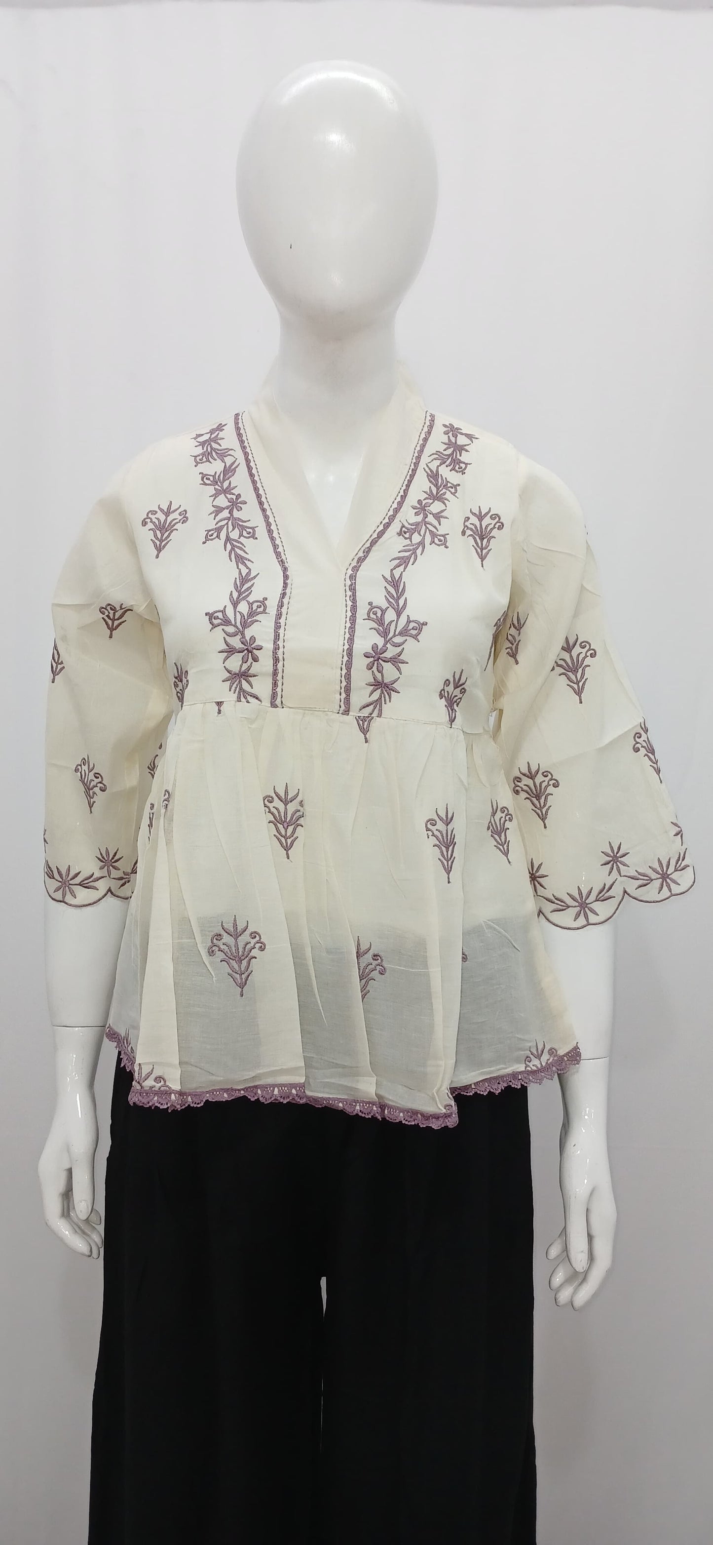 Off-White Embroidered Cotton Peplum Tunic Top