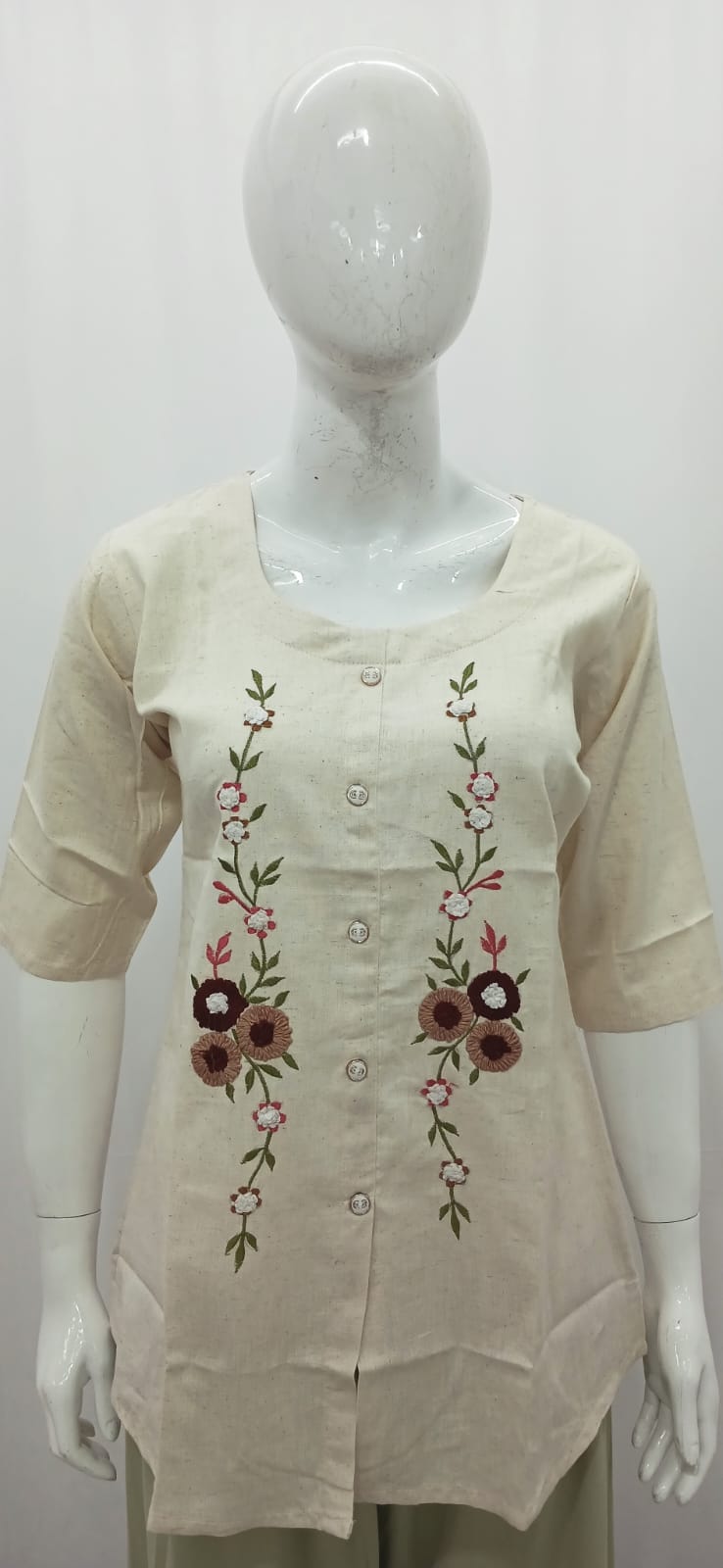 Ivory Khadi-Textured Twin Vine Floral Embroidered Short Kurti