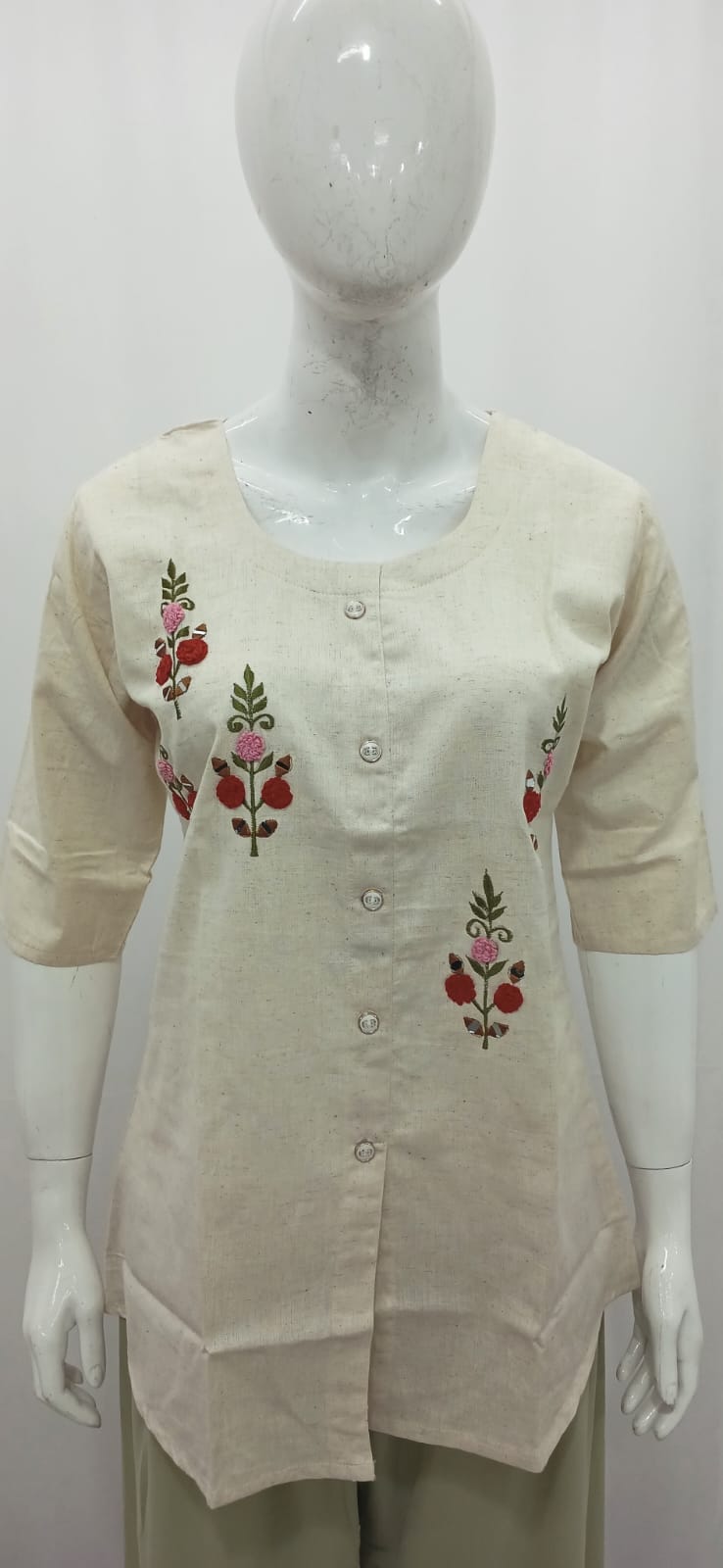 Ivory Khadi-Textured Floral Embroidered Short Kurti