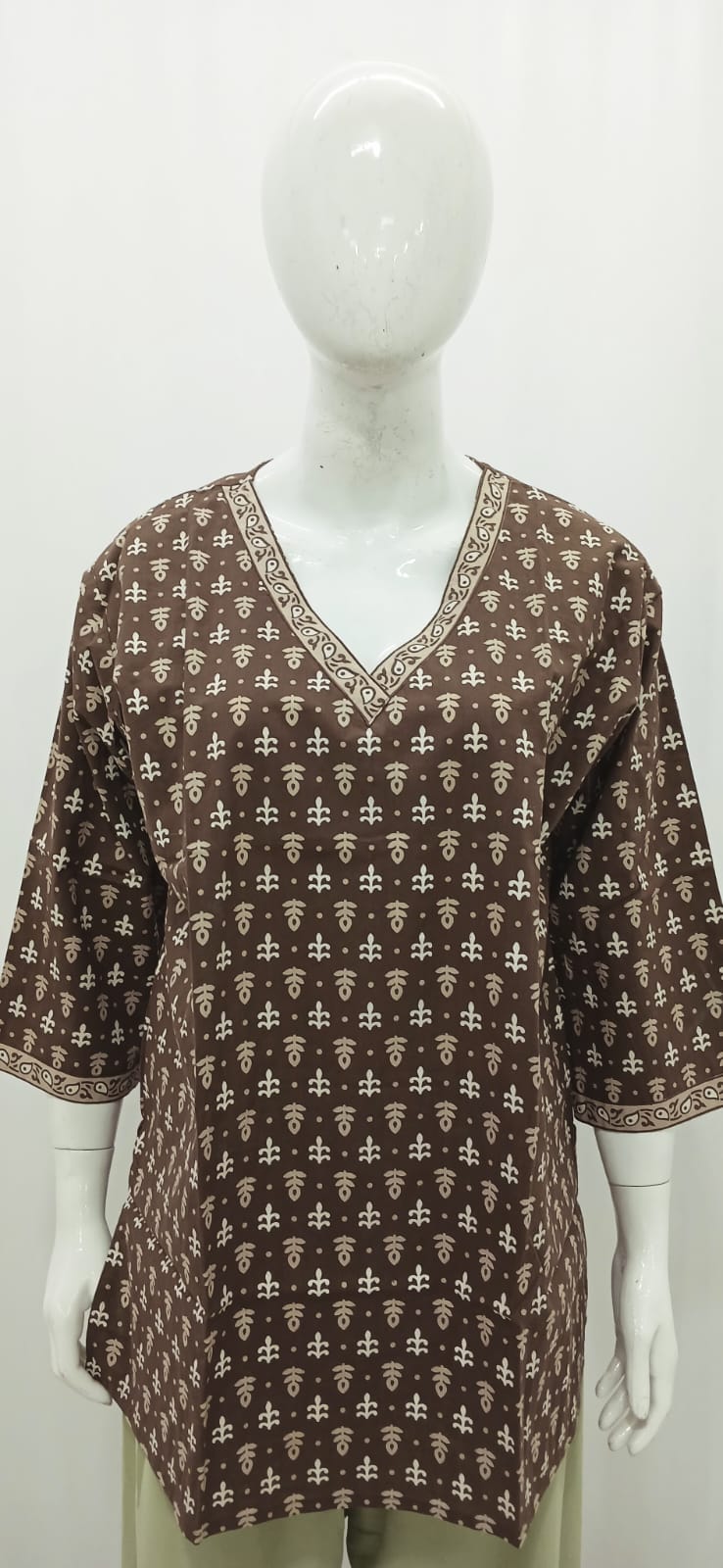 Earthy Chocolate Brown Dabu-Style Block Print Short Kurti