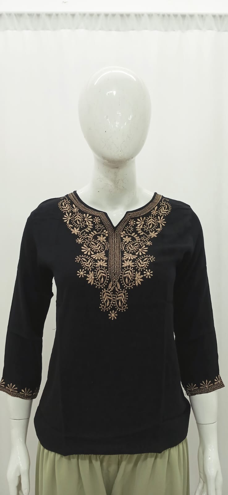 Elegant Jet Black Short Kurti with Antique Gold Embroidery