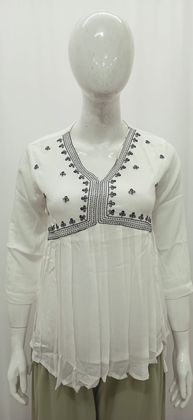 Crisp White Embroidered Empire-Line Short Kurti