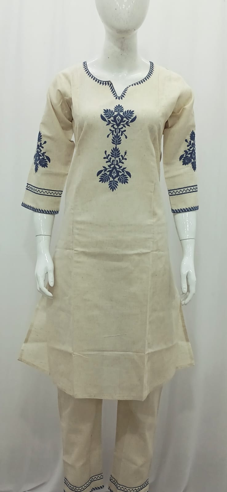 Elegant Beige Co-Ord Kurta Set with Navy Blue Embroidery