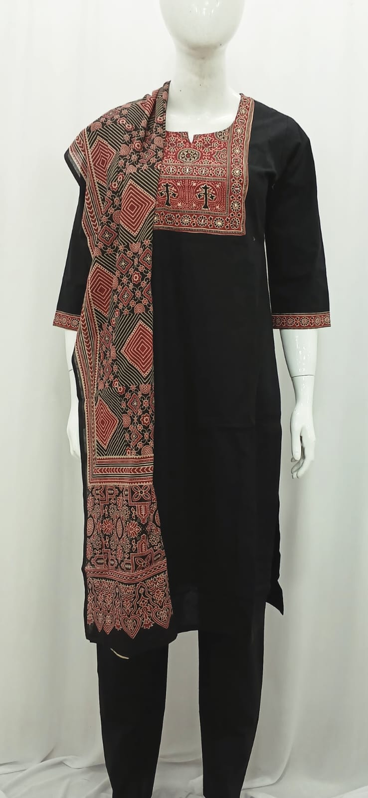 Timeless Black Ajrakh-Print 3-Piece Kurta Set