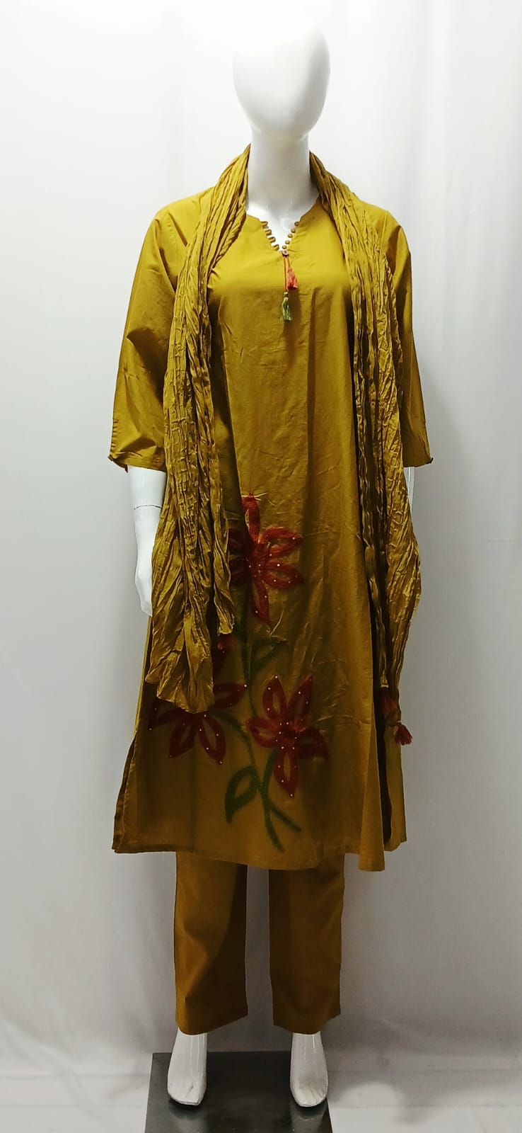 Women's Mustard Yellow Floral Appliqué Kurta Set with Crushed Dupatta