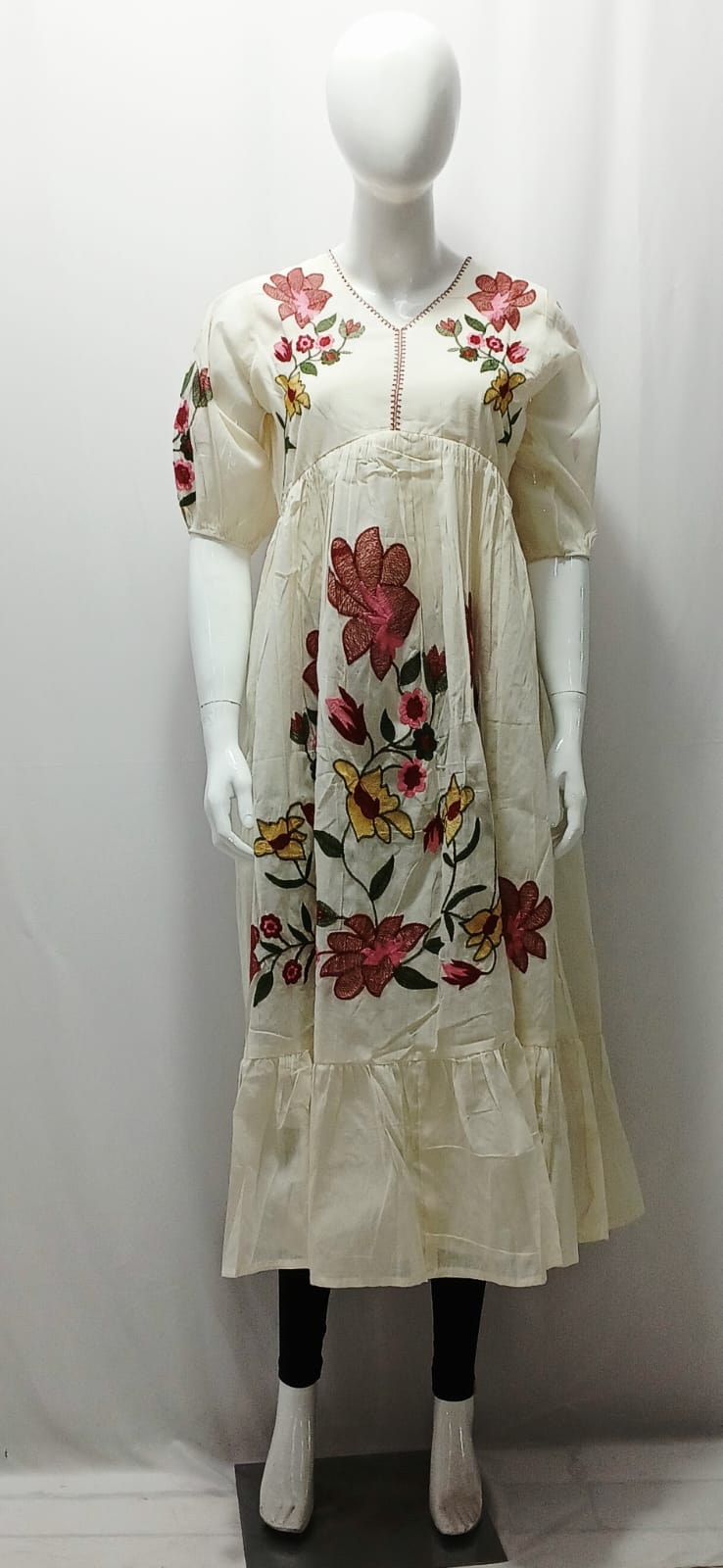 Women's Off-White Floral Embroidered Midi Dress with Puff Sleeves