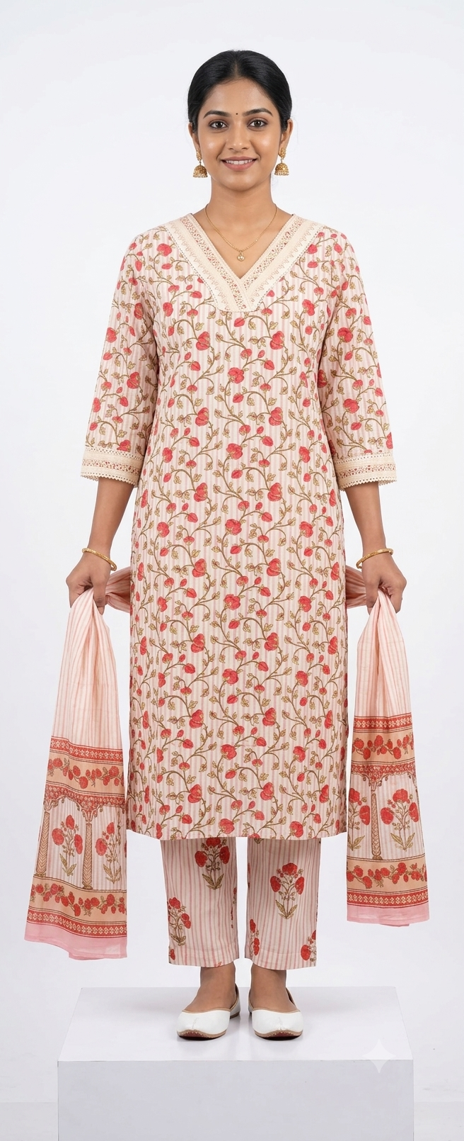 Elegant Floral Striped Cotton 3-Piece Kurti Set in Off-White and Pink