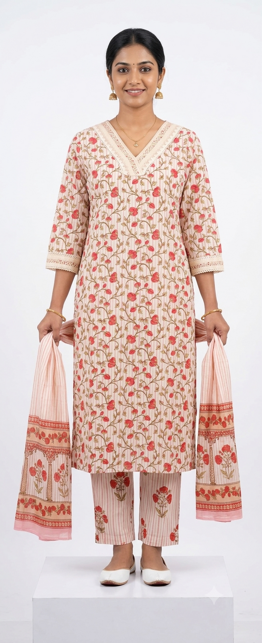 Elegant Floral Striped Cotton 3-Piece Kurti Set in Off-White and Pink