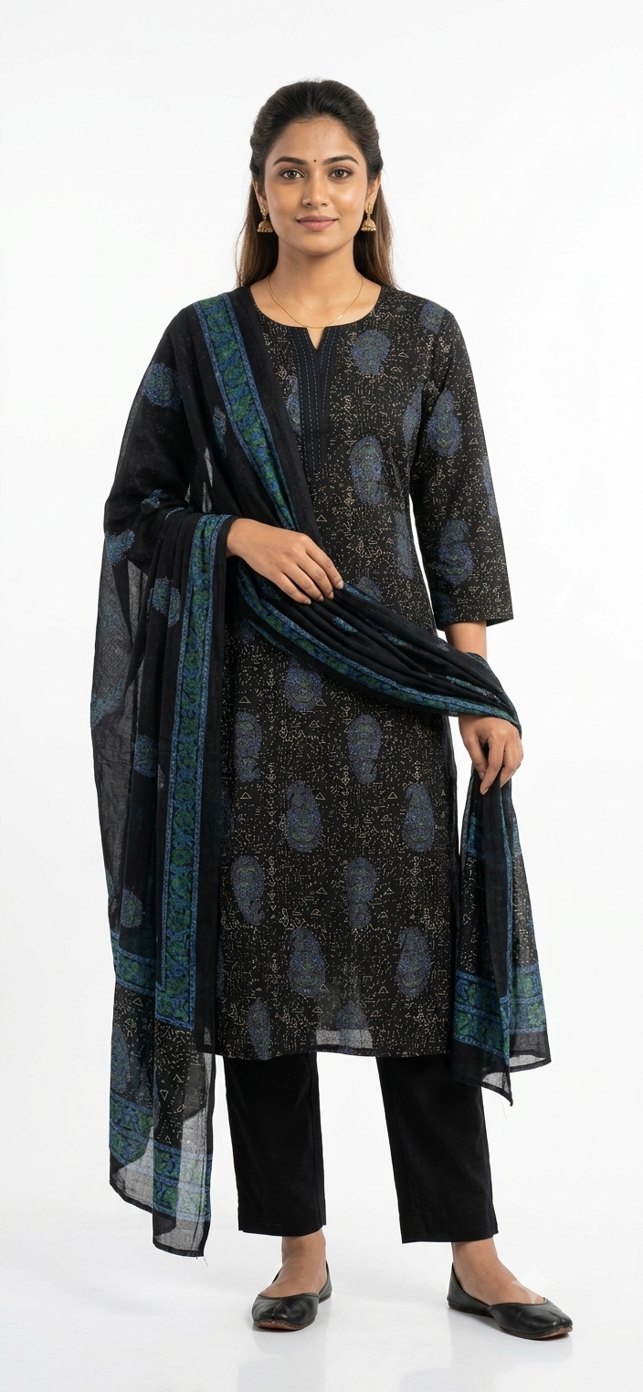 Black Printed Pure Cotton 3-Piece Kurti Set