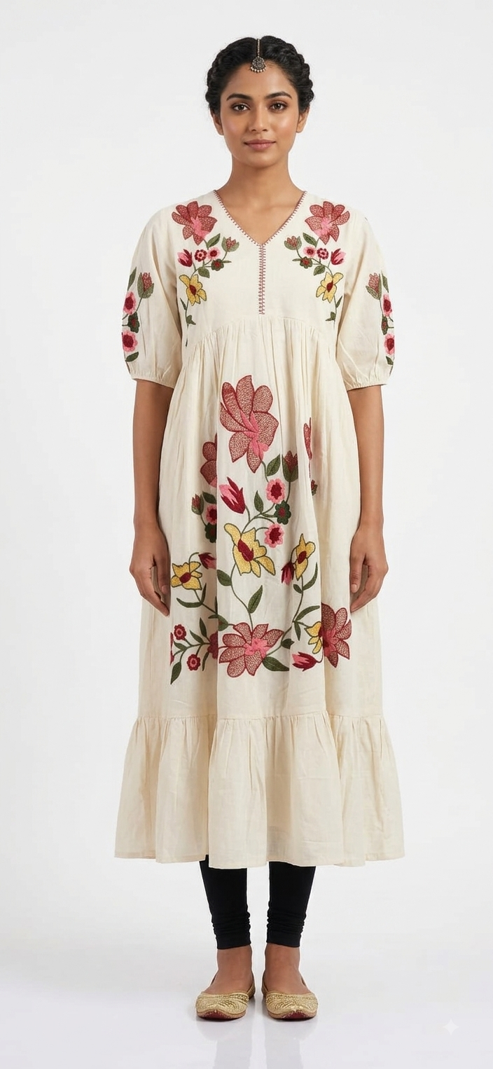 Women's Off-White Floral Embroidered Midi Dress with Puff Sleeves