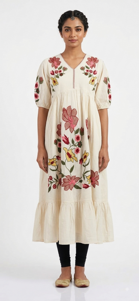 Women's Off-White Floral Embroidered Midi Dress with Puff Sleeves