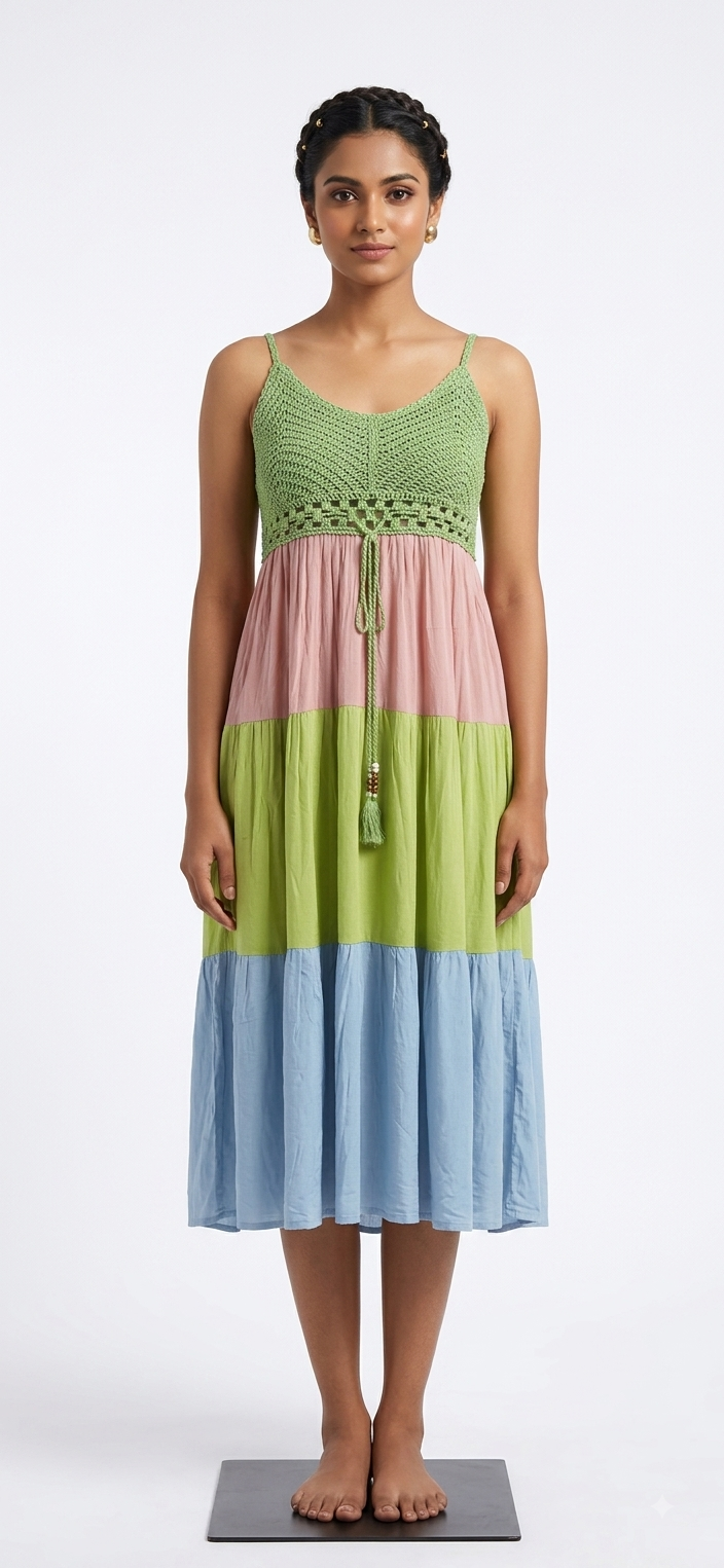 Women's Multi-Color Tiered Midi Dress with Crochet Bodice