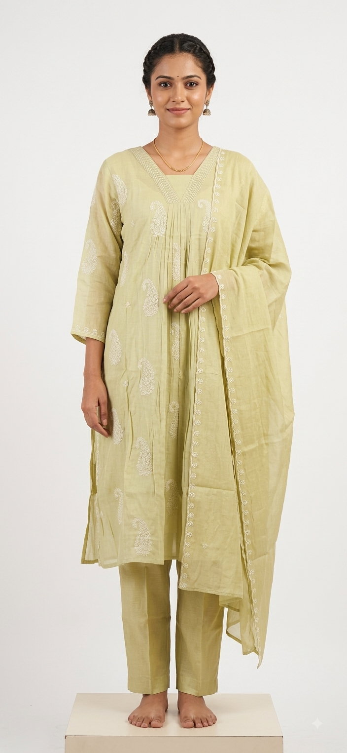 Women's Pastel Green Hand Embroidered Kurta Set with Dupatta