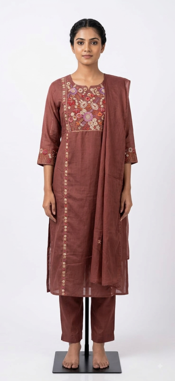Women's Maroon Floral Embroidered Chanderi Kurta Set with Dupatta