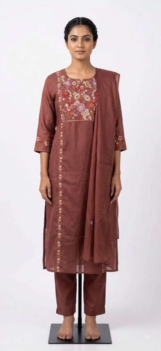 Women's Maroon Floral Embroidered Chanderi Kurta Set with Dupatta