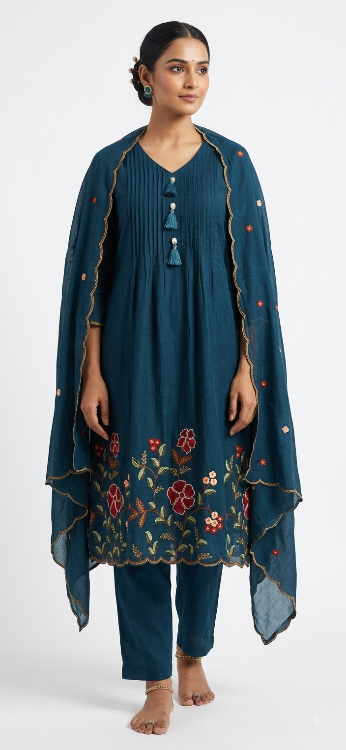 Women's Deep Teal Floral Embroidered Cotton Kurta Set with Tassels and Scalloped Dupatta
