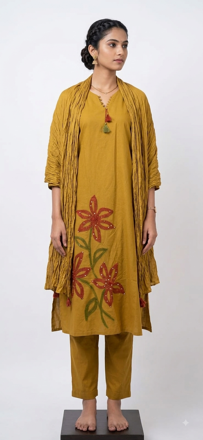 Women's Mustard Yellow Floral Appliqué Kurta Set with Crushed Dupatta