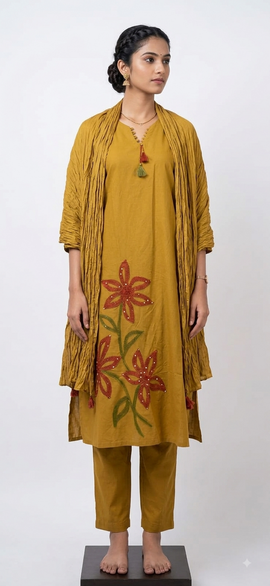 Women's Mustard Yellow Floral Appliqué Kurta Set with Crushed Dupatta