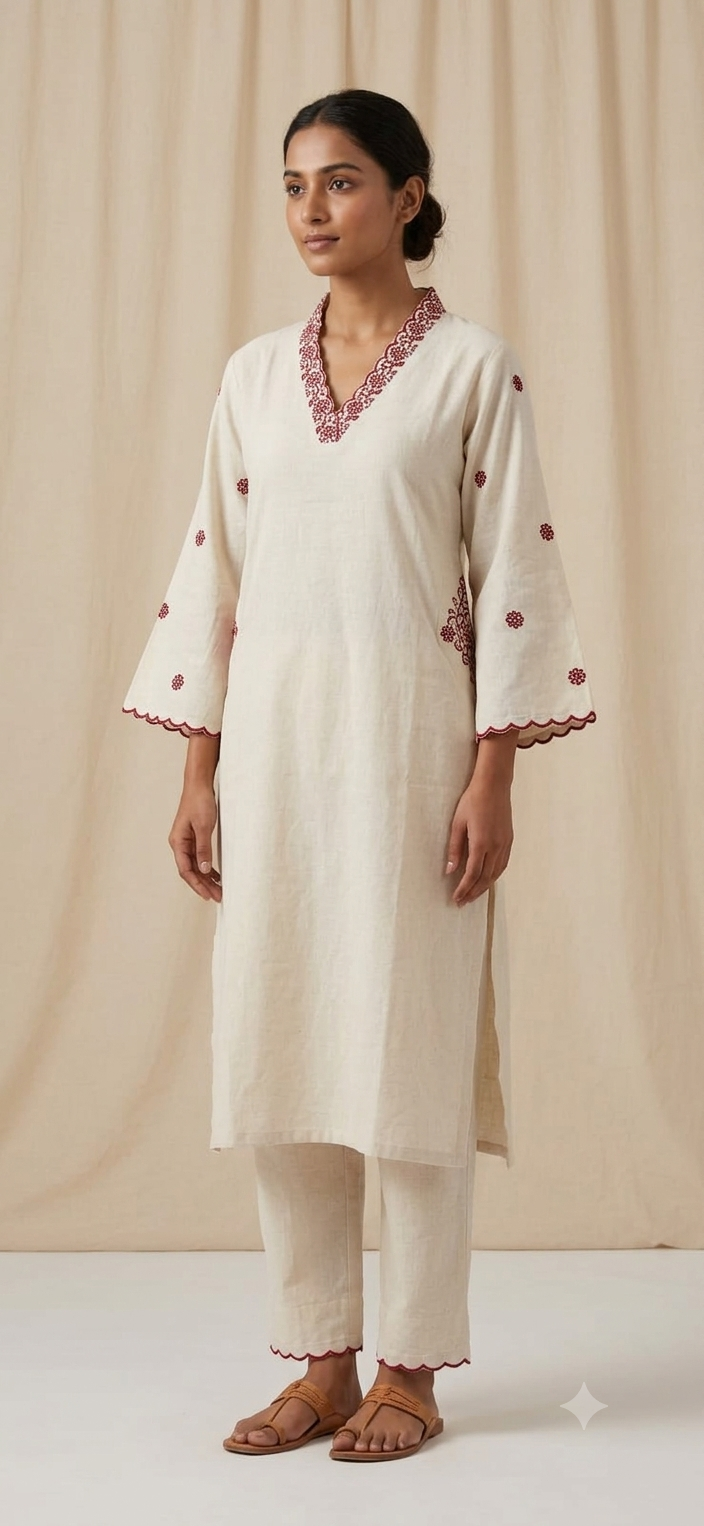 Minimalist Beige Co-Ord Kurta Set with Crimson Red Cutwork Embroidery