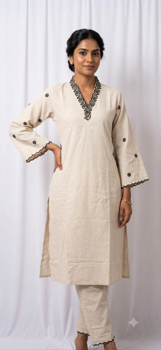 Minimalist Beige Co-Ord Kurta Set with Contrast Cutwork Embroidery