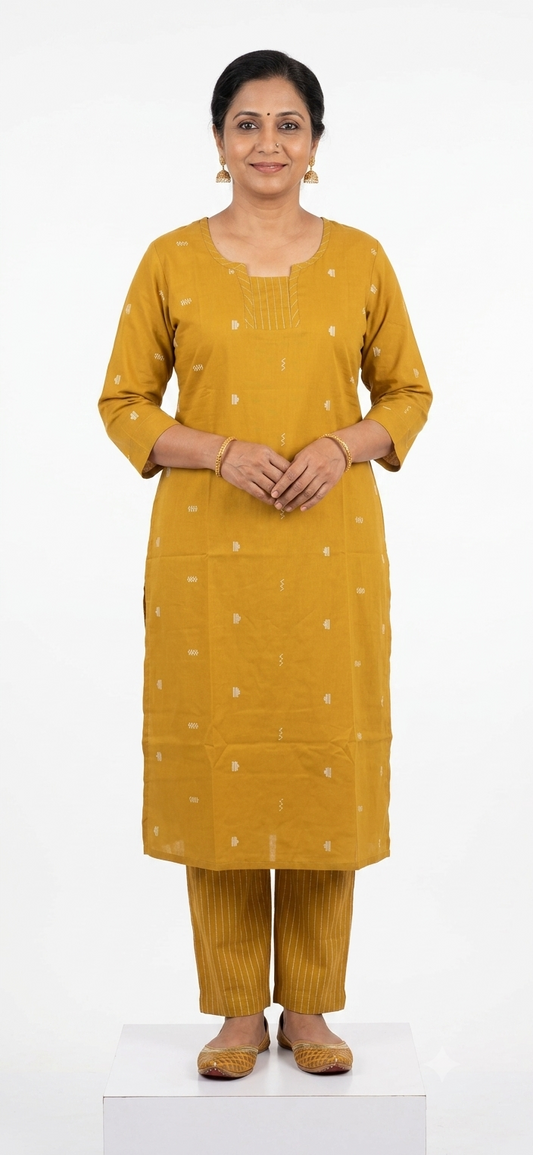 Mustard Yellow Cotton 2-Piece Kurti & Pant Set