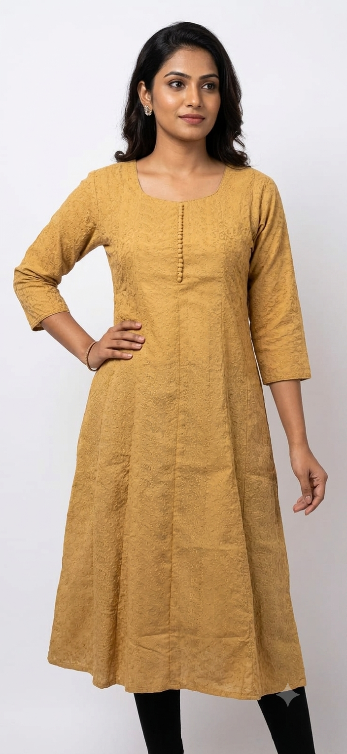 Elegant Mustard Embroidered A-Line Kurti