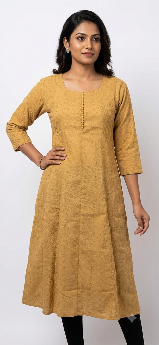Elegant Mustard Embroidered A-Line Kurti