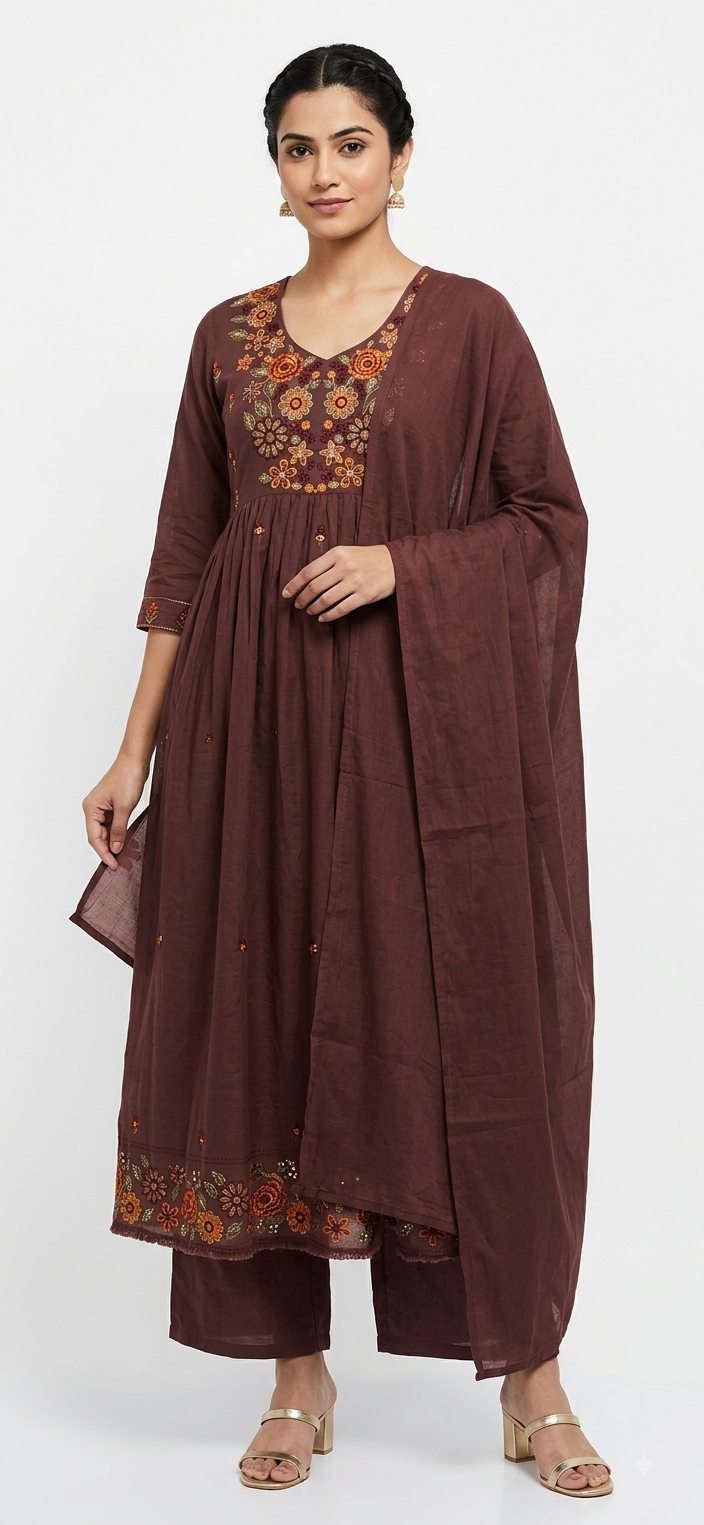 Women's Mauve Brown Floral Embroidered Anarkali Kurta Set with Dupatta