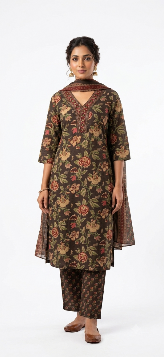 Heritage Floral Symphony: Embroidered Cotton Kurti & Pant Set with Coordinating Dupatta