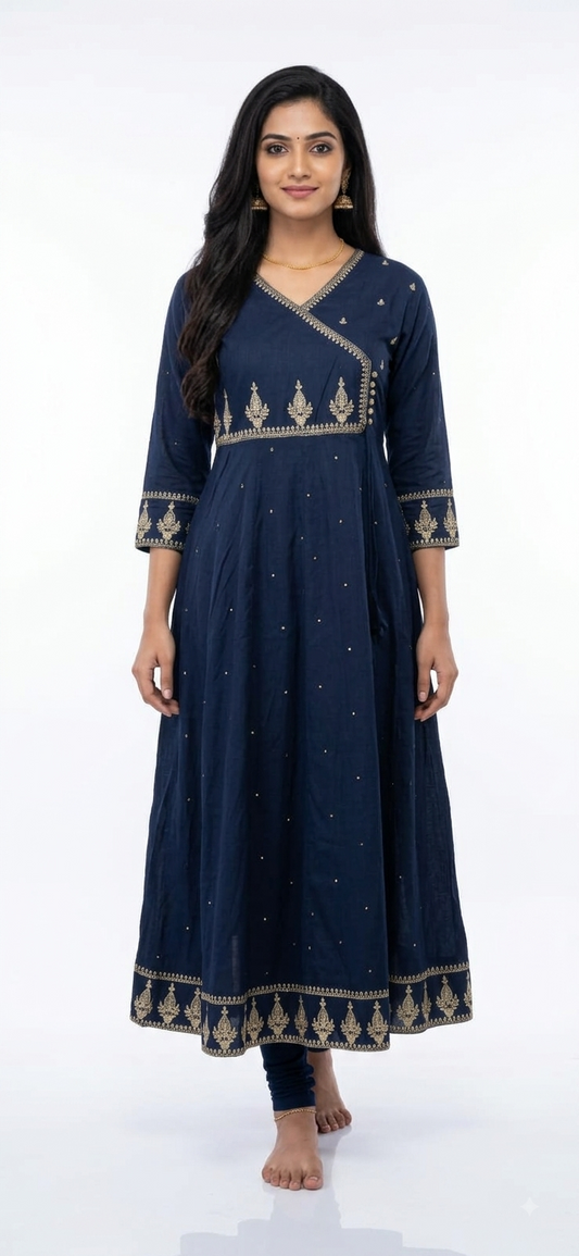 Women's Navy Blue Embroidered Angrakha Style Anarkali Kurta