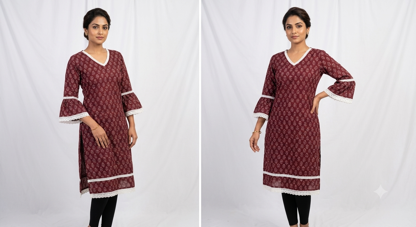 Deep Coffee Brown Block-Print Short Kurti with Lace Trims