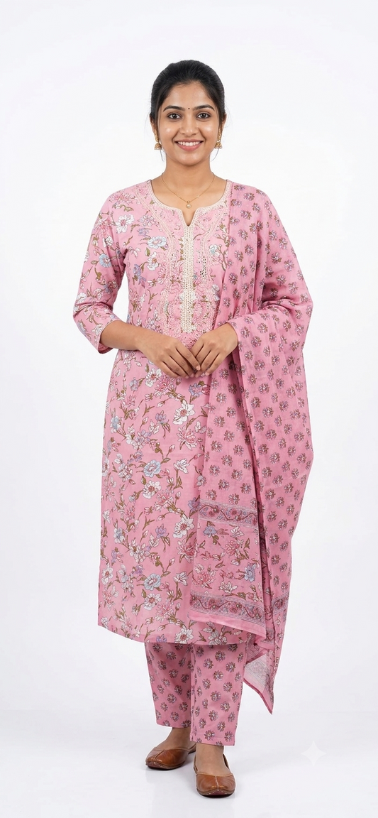 Rose Pink Floral Printed Cotton 3-Piece Suit Set