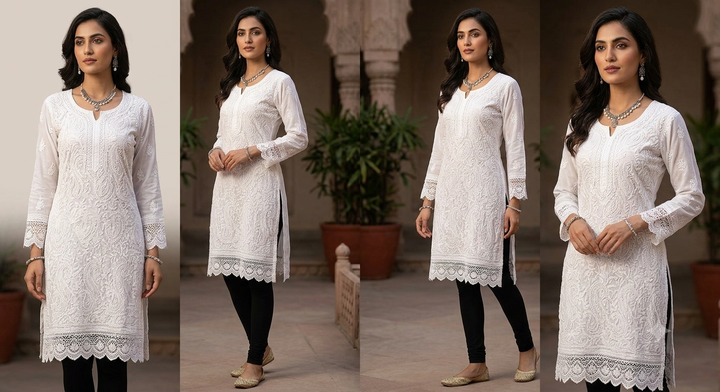 Pristine White Chikankari-Inspired Flared Short Tunic