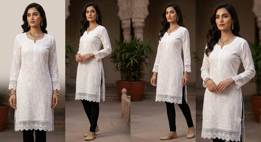 Pristine White Chikankari-Inspired Flared Short Tunic