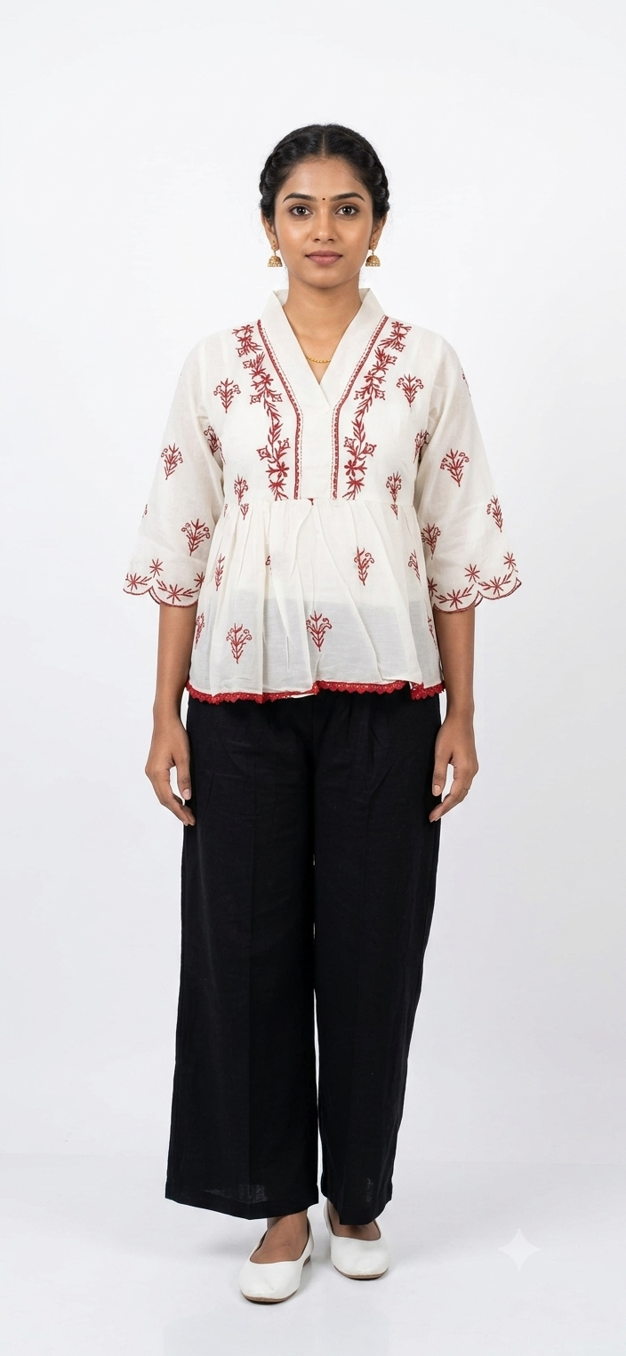 Off-White Embroidered Cotton Peplum Tunic Top