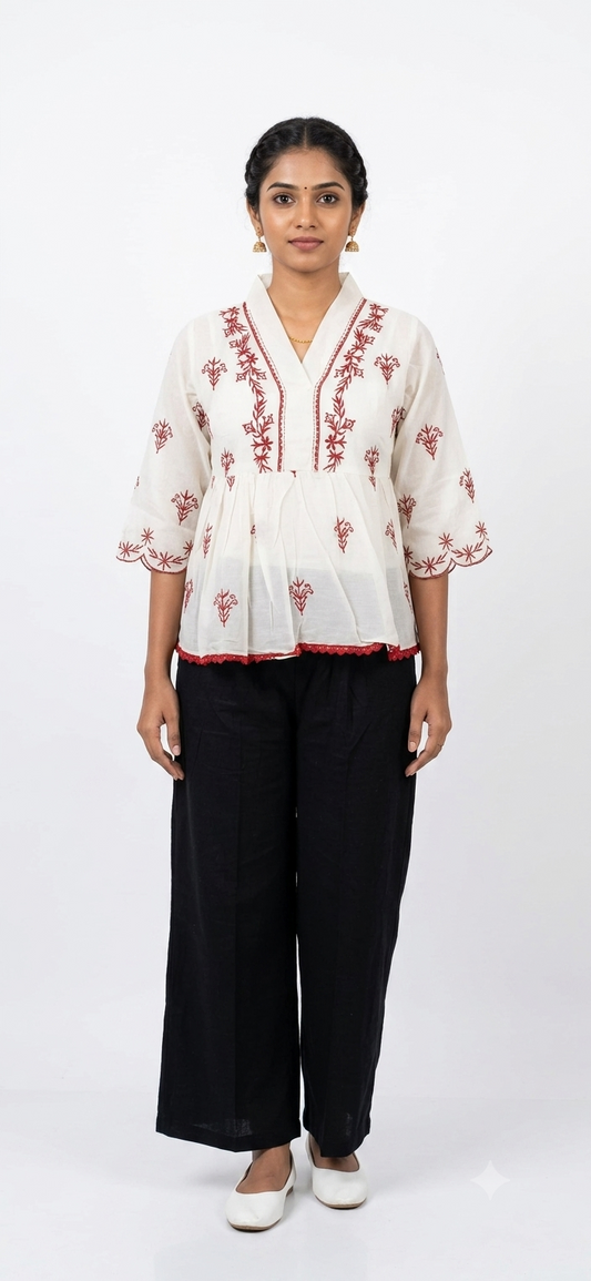 Off-White Embroidered Cotton Peplum Tunic Top