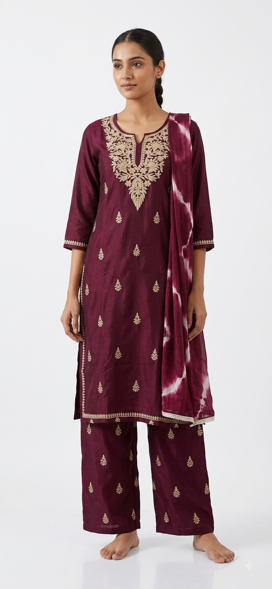 Women's Deep Wine Embroidered Chanderi Kurta Set with Tie-Dye Dupatta