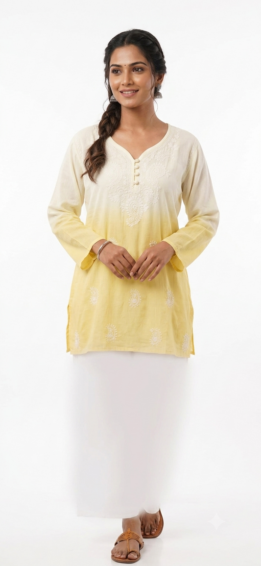 Ombre Chikankari Embroidered Short Kurti Top