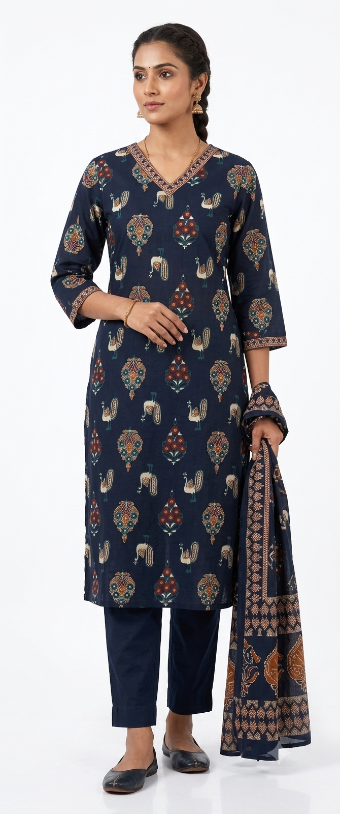 Deep Navy Blue Peacock & Motif Printed Cotton Kurta Set with Bordered Dupatta