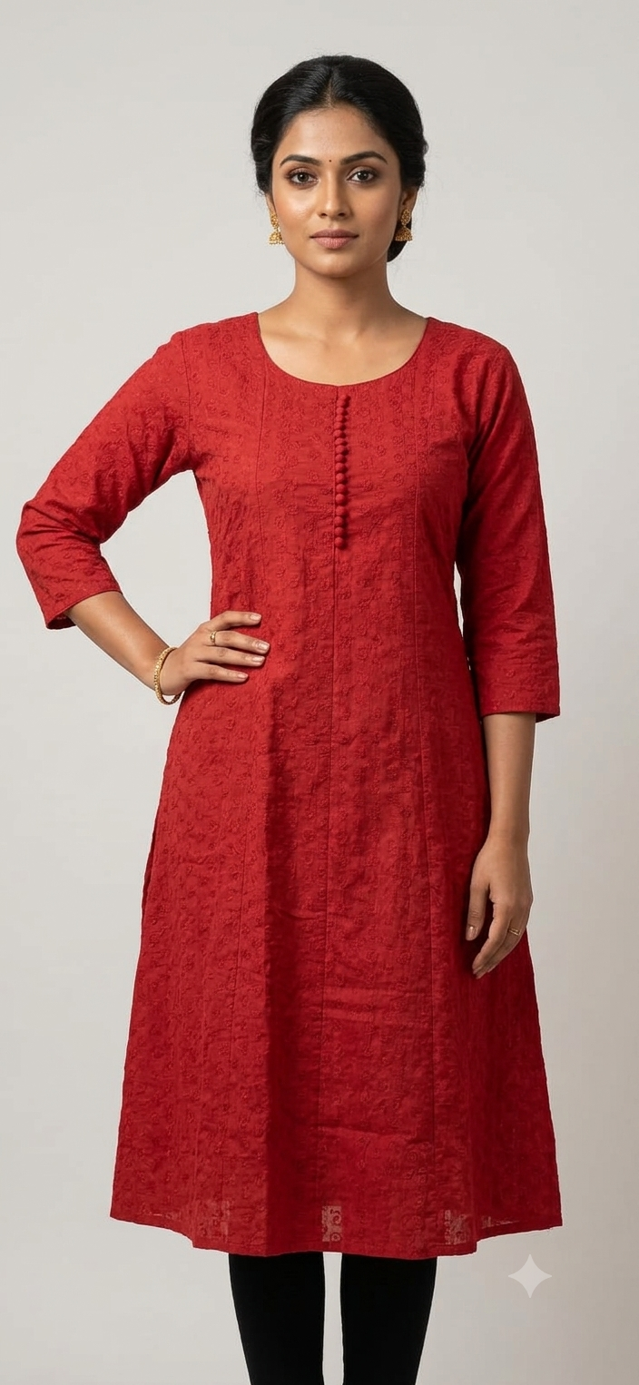 Classic Red Embroidered A-Line Kurti