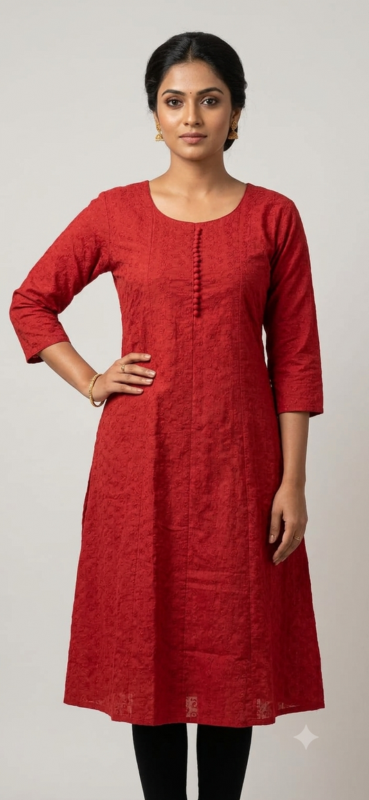 Classic Red Embroidered A-Line Kurti