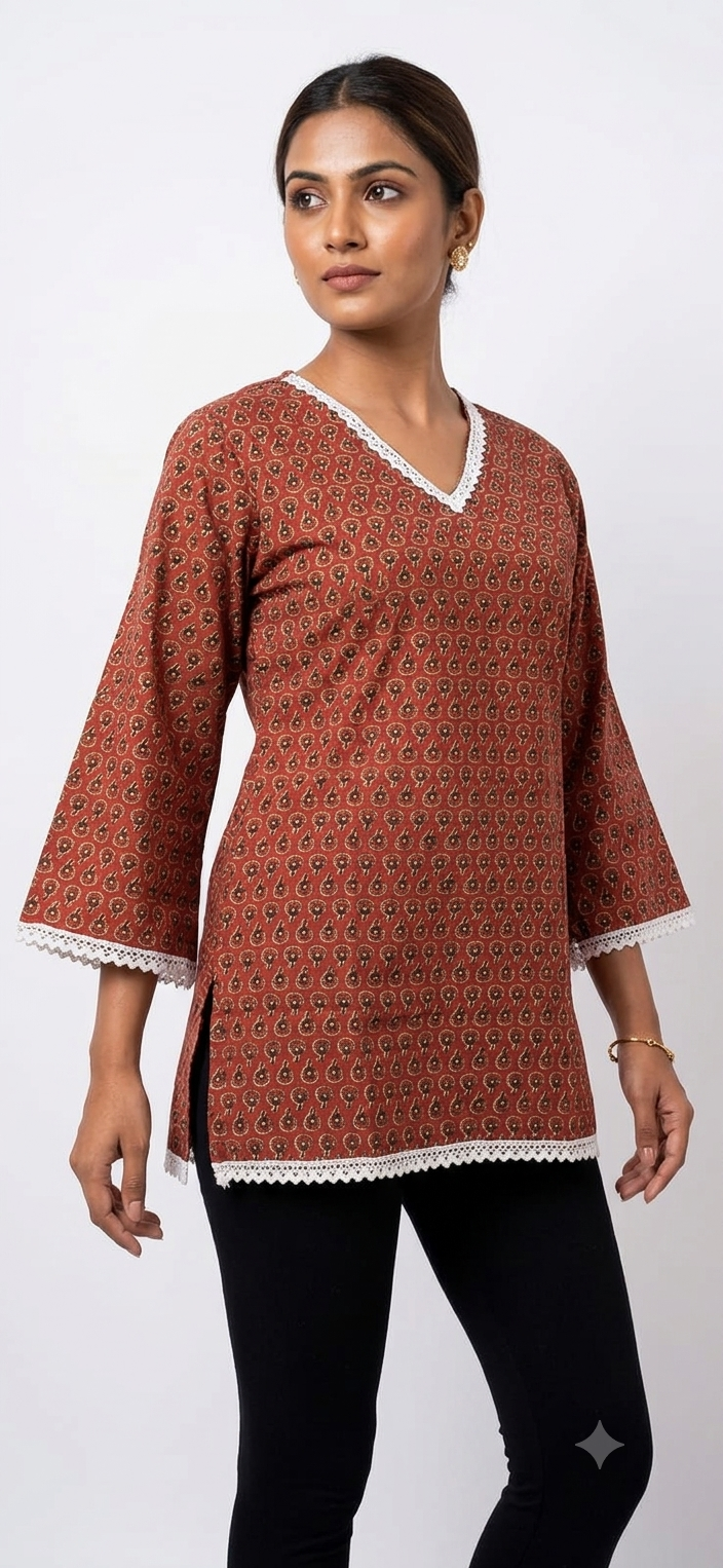 Earthy Maroon Block-Print Short Kurti with Lace Trims