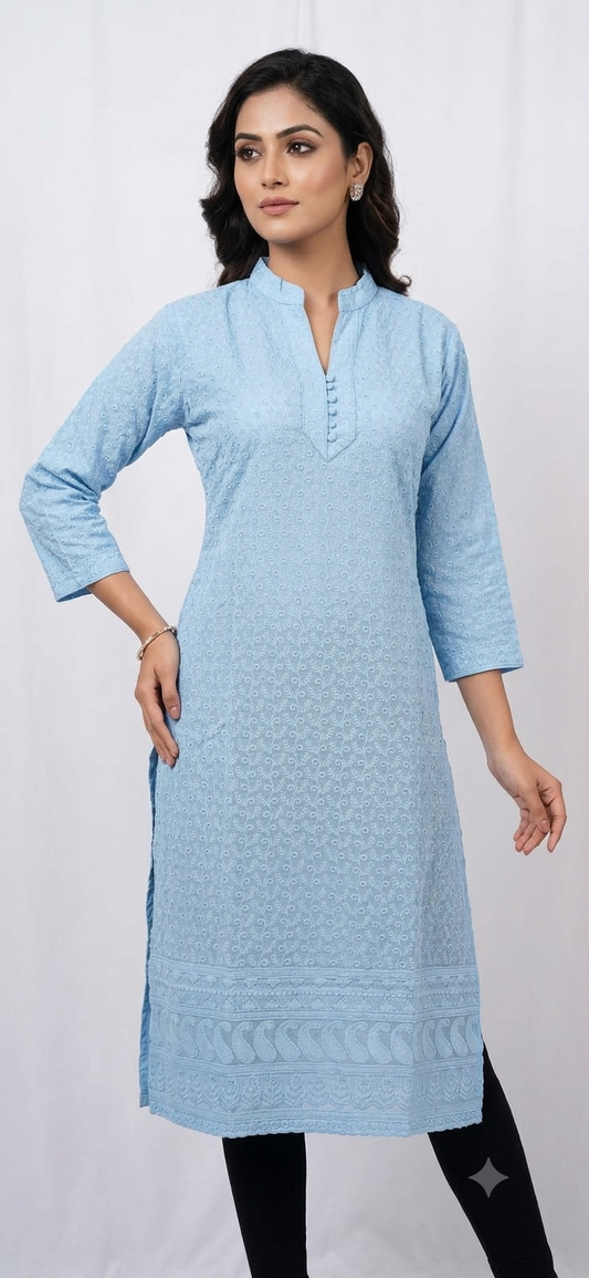 Serene Powder Blue Chikankari-Inspired Kurti