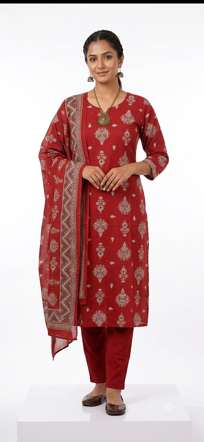 Deep Maroon Ethnic Motif 3-Piece Cotton Kurti Set